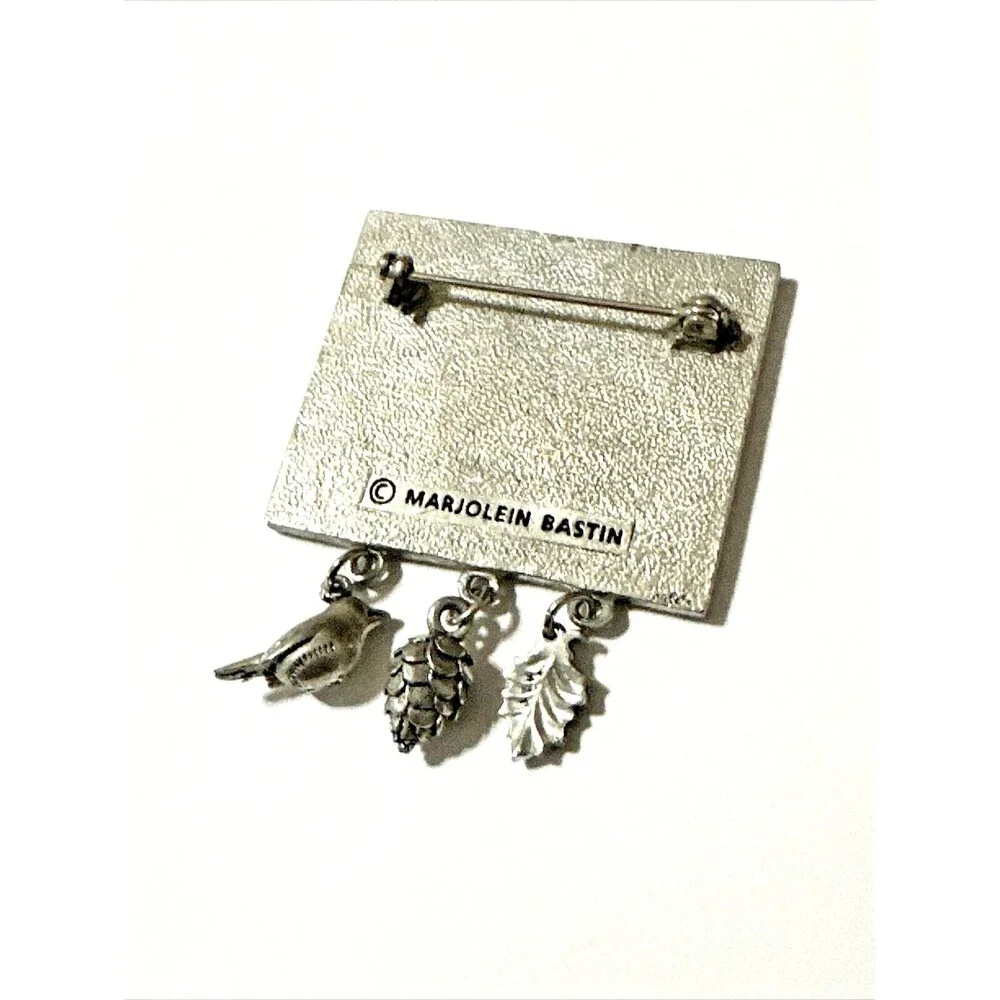Vintage MARJOLEIN BASTIN Brooch Rabbit Holly Bush Nature Pewter Charms Signed